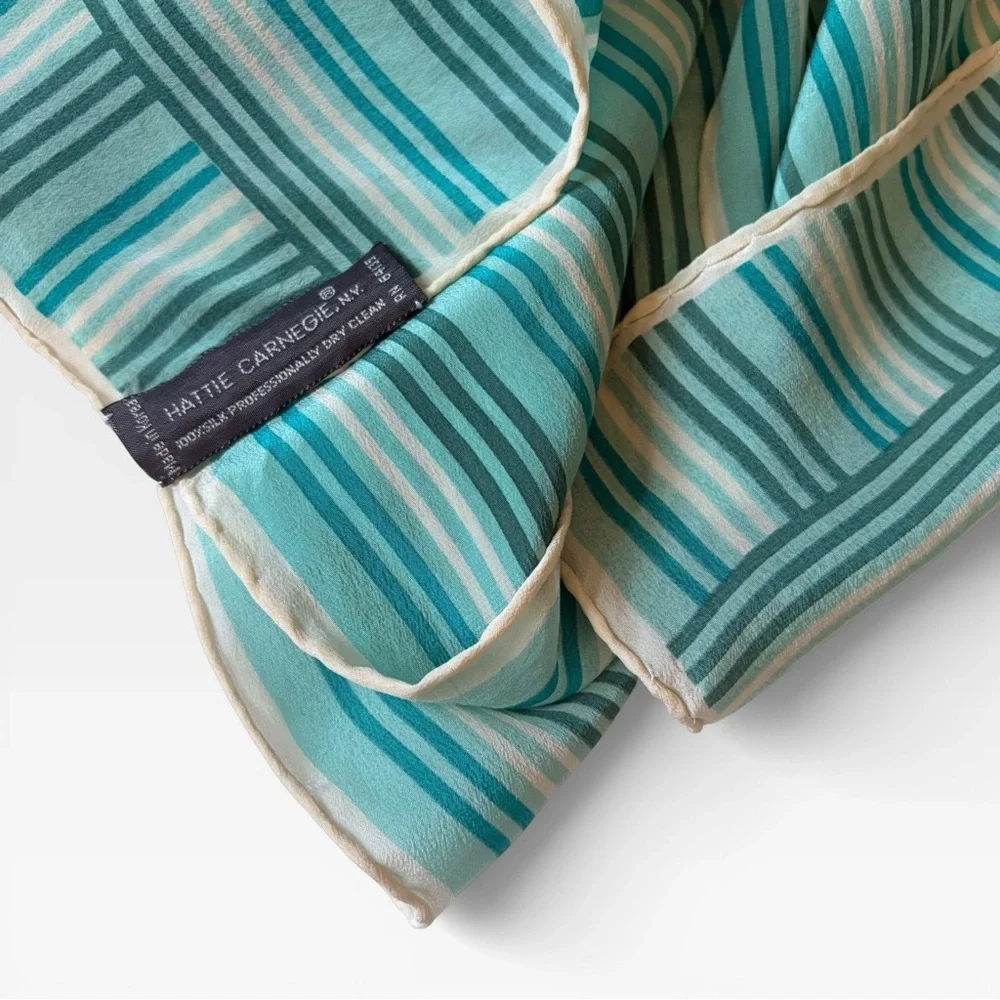 VIntage Hattie Carnegie 100% hand rolled silk scarf striped retro mod green